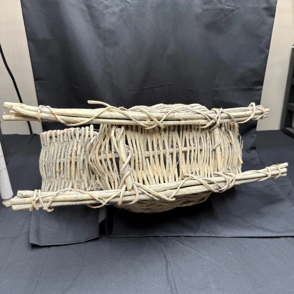 Rustic Wicker Sleigh Basket Christmas Decor Weathered Gray Twig Centerpiece 17in